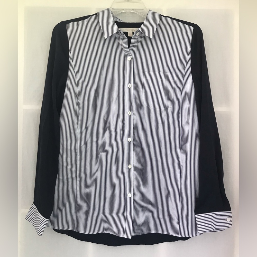 Nordstrom Collection Blue White Striped Cotton Silk Mixed Media Button Front Top